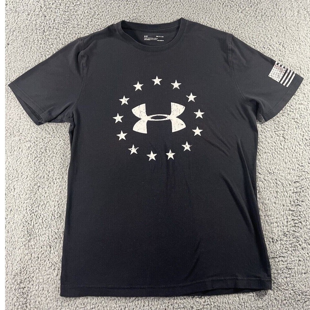 Under Armour T Shirt Men Small American Flag Star Short Sleeve Heatgear